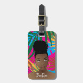 Zwarte vrouw, kleurrijke tropische bladeren, blauw bagagelabel (Voorkant verticaal)