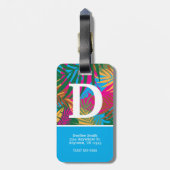 Zwarte vrouw, kleurrijke tropische bladeren, blauw bagagelabel (Achterkant verticaal)