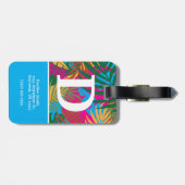 Zwarte vrouw, kleurrijke tropische bladeren, blauw bagagelabel (Achterkant horizontaal)