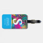 Zwarte vrouw, kleurrijke tropische bladeren, blauw bagagelabel (Achterkant horizontaal)