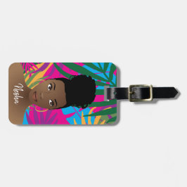 Zwarte vrouw, kleurrijke tropische bladeren, monog bagagelabel