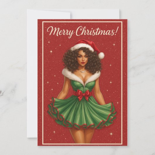 Zwarte vrouw Krullend haar Kerstman Schoonheid Feestdagenkaart (Voorkant)