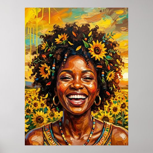 Zwarte Vrouw Kunst Zonnebloem Poster (Voorkant)