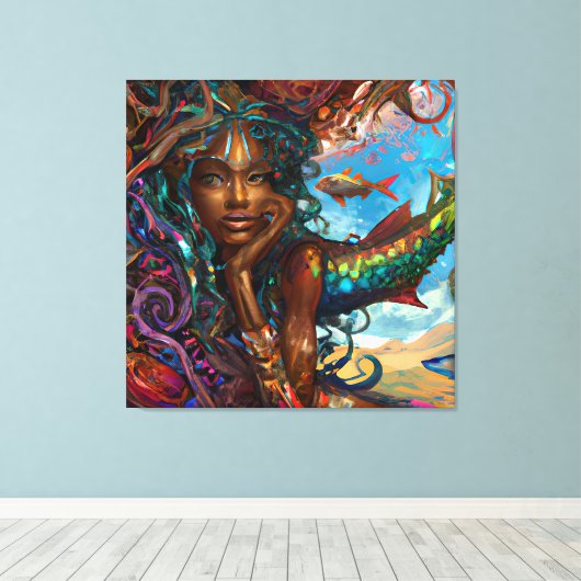 Zwarte vrouw Melanin Queen Brown Skin Sista Mermai Canvas Afdruk (Insitu (Houten vloer))