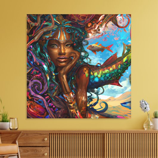 Zwarte vrouw Melanin Queen Brown Skin Sista Mermai Canvas Afdruk (Insitu (Woonkamer))