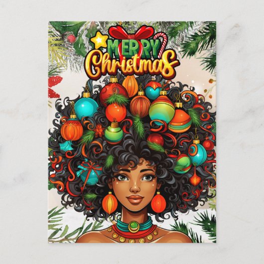 Zwarte Vrouw Melanine Kerstmis Afro Natuurlijke Ko Feestdagenkaart (Voorkant)