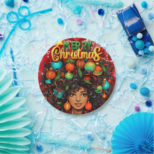Zwarte Vrouw Melanine Kerstmis Afro Natuurlijke Ko Papieren Bordje (Feest)
