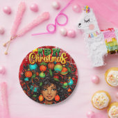 Zwarte Vrouw Melanine Kerstmis Afro Natuurlijke Ko Papieren Bordje (Feest)