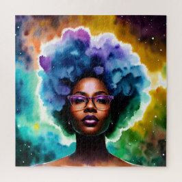 Zwarte vrouw met afro haar in bril Galaxy Art Legpuzzel