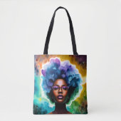 Zwarte vrouw met afro haar in bril Galaxy Art Tote Bag (Voorkant)
