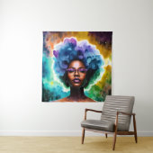 Zwarte vrouw met afro haar in bril Galaxy Art Wandkleed (In situ)