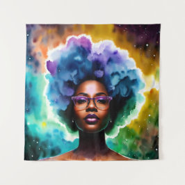 Zwarte vrouw met afro haar in bril Galaxy Art Wandkleed