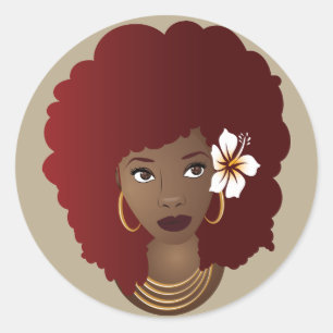 Zwarte Vrouw met Bloem in haar Rode Afro, Beige Ronde Sticker