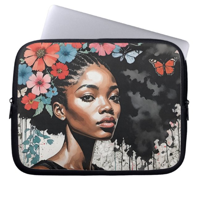 Zwarte vrouw met bloemen in haar haar laptop sleeve (Voorkant)