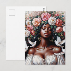 Zwarte vrouw met duiven bloemschilderkunst briefkaart