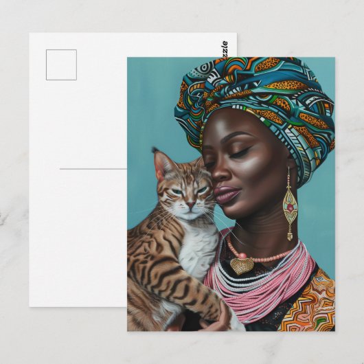 Zwarte vrouw met kat briefkaart (Voorkant / Achterkant)