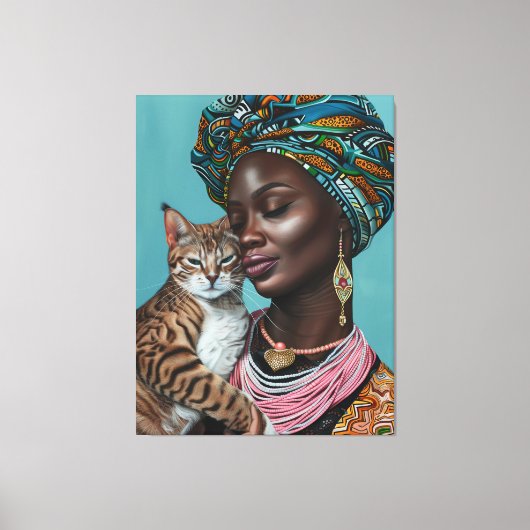 Zwarte vrouw met kat canvas afdruk (Voorkant)