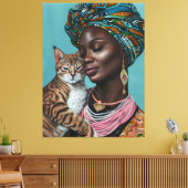 Zwarte vrouw met kat canvas afdruk (Insitu (Woonkamer))