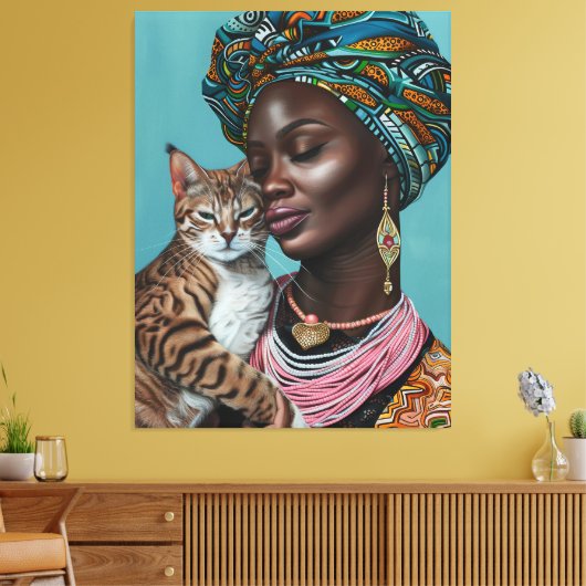 Zwarte vrouw met kat canvas afdruk (Insitu (Woonkamer))