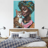 Zwarte vrouw met kat canvas afdruk (Insitu (Slaapkamer))