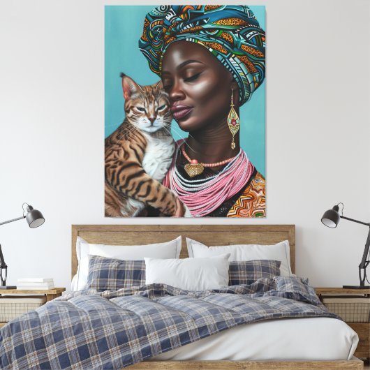 Zwarte vrouw met kat canvas afdruk (Insitu (Slaapkamer))