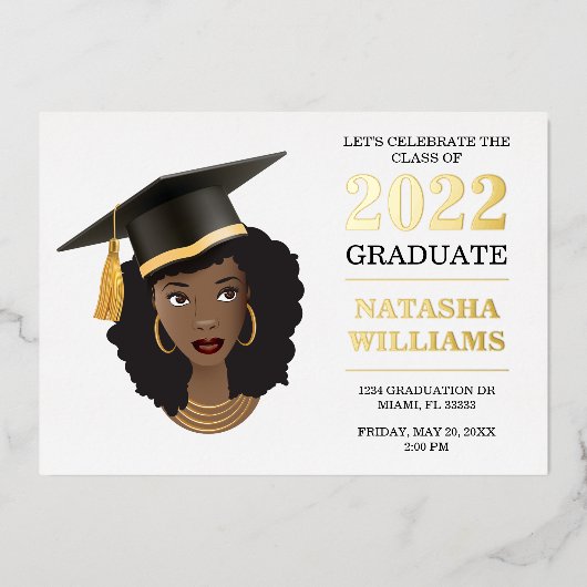 Zwarte vrouw met stuiknop, klasse 20XX Folie Uitnodiging (Voorkant)