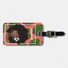 Zwarte vrouw met ventilator, tropische groene blad bagagelabel