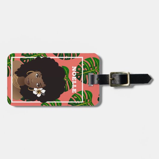 Zwarte vrouw met ventilator, tropische groene blad bagagelabel (Voorkant horizontaal)