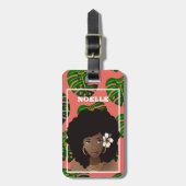 Zwarte vrouw met ventilator, tropische groene blad bagagelabel (Voorkant verticaal)