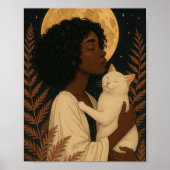 Zwarte vrouw met witte kat onder volle maan Poster (Voorkant)
