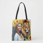 Zwarte vrouw met zonnebloemen en leeuw leeuw tote bag (Voorkant)