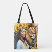 Zwarte vrouw met zonnebloemen en leeuw leeuw tote bag (Achterkant)