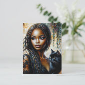 Zwarte vrouw met zwarte kat kunst briefkaart (Staand voorkant)