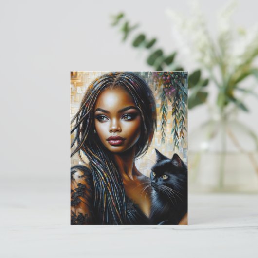 Zwarte vrouw met zwarte kat kunst briefkaart (Staand voorkant)