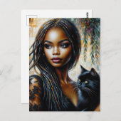 Zwarte vrouw met zwarte kat kunst briefkaart (Voorkant / Achterkant)