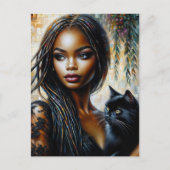 Zwarte vrouw met zwarte kat kunst briefkaart (Voorkant)
