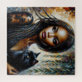Zwarte vrouw met zwarte kat kunst legpuzzel (Horizontaal)