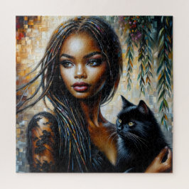 Zwarte vrouw met zwarte kat kunst legpuzzel