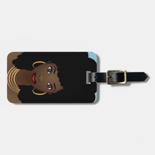 Zwarte vrouw, natuurlijk haar, blauw bagagelabel (Voorkant horizontaal)