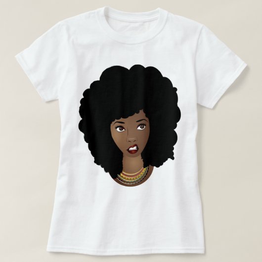 Zwarte vrouw, natuurlijk haar, geïrriteerde expres t-shirt (Design voorkant)