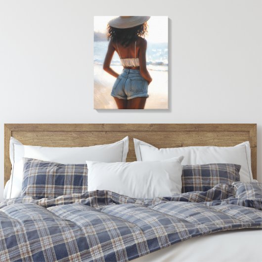 Zwarte vrouw op het strand met een zomerse Pet Canvas Afdruk (Insitu (Slaapkamer))