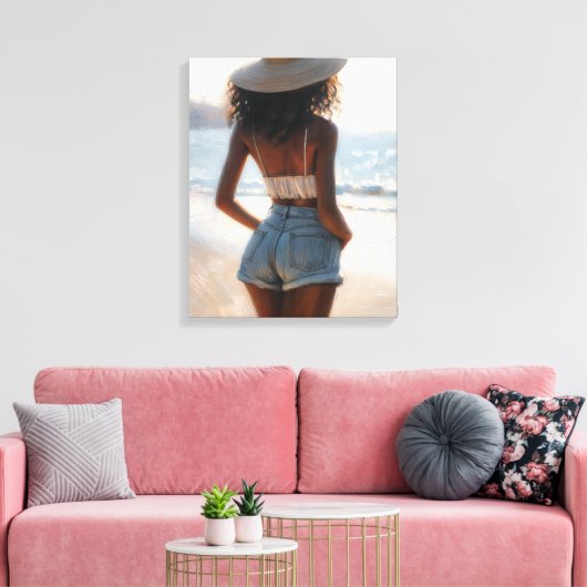 Zwarte vrouw op het strand met een zomerse Pet Canvas Afdruk (Insitu (Woonkamer))