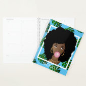 Zwarte Vrouw, Popping Bubble Gum Blad Patroon Blau Planner (Display)