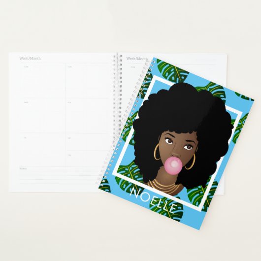 Zwarte Vrouw, Popping Bubble Gum Blad Patroon Blau Planner (Display)