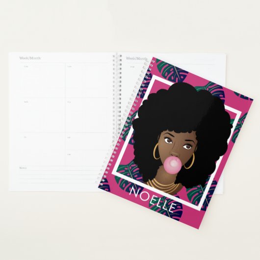 Zwarte Vrouw, Popping Bubble Gum Blad Patroon Roze Planner (Display)