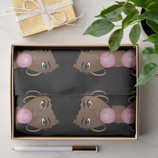zwarte vrouw, popping roze bublegum tissuepapier (Geschenk)