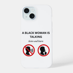 Zwarte vrouw praat Luister en Leer iPhone 15 Case