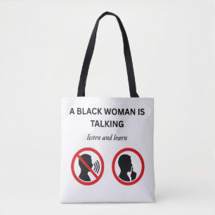 Zwarte vrouw praat Luister en Leer Tote Bag