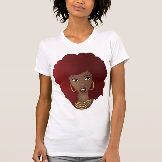 zwarte vrouw, rode afro, geïrriteerde uitdrukking t-shirt (Voorkant)