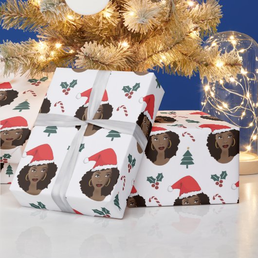 Zwarte Vrouw, Rode Kerstmishoed, Kerstmispatroon Cadeaupapier (Feestdagen)